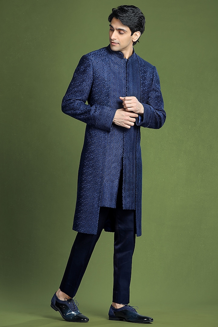 Blue Georgette Thread Embroidered Sherwani Set by Char Chaand