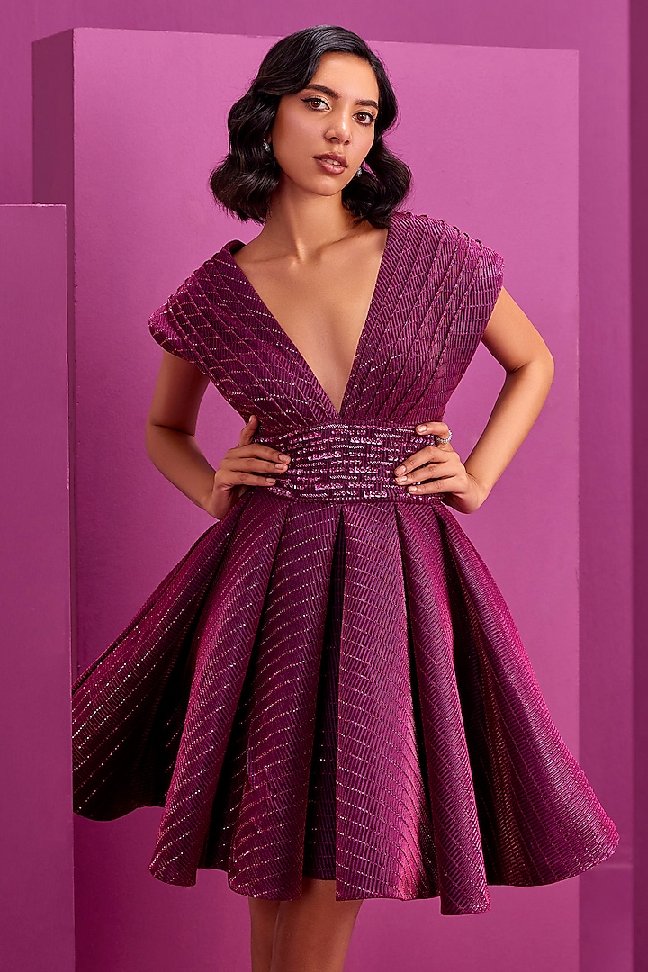 Hot Pink Textured Fabric Embroidered A-Line Structured Dress by CP by Chandini and Priyanka