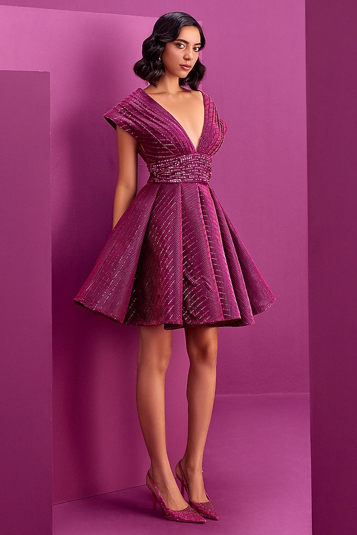 Hot Pink Textured Fabric Embroidered A-Line Structured Cocktail Dress by CP by Chandini and Priyanka at Pernia's Pop Up Shop
