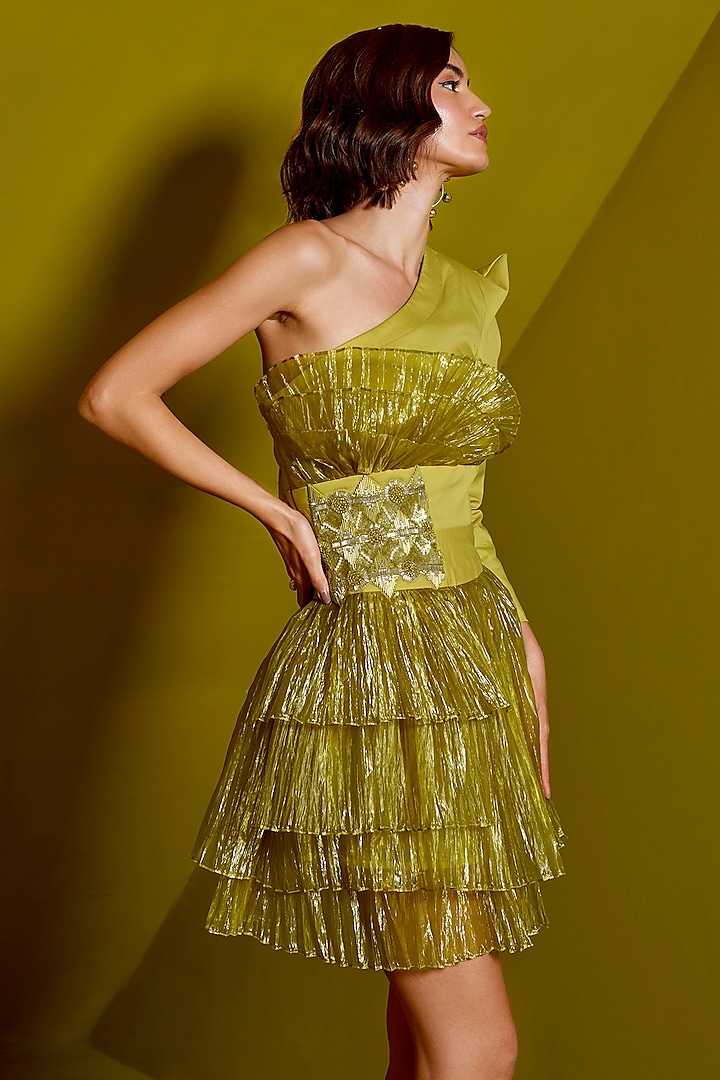 Acid Yellow Organza Embroidered Layered Dress by CP by Chandini and Priyanka
