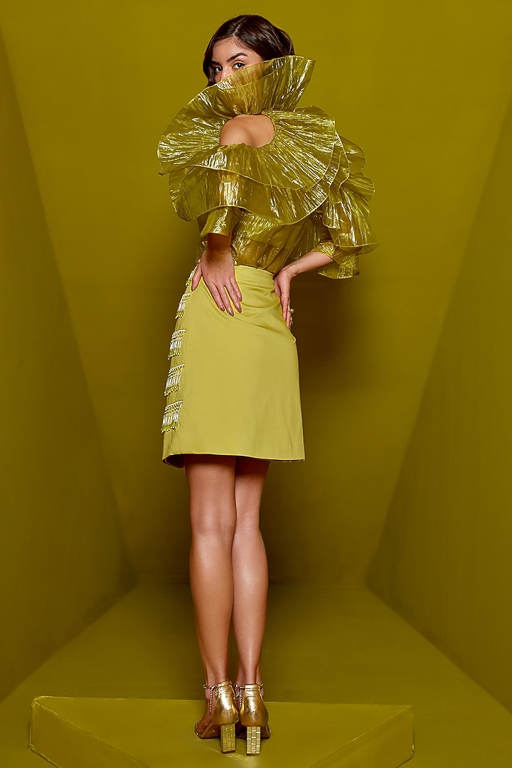 Acid Yellow Organza Pencil Skirt Set by CP by Chandini and Priyanka at Pernia's Pop Up Shop