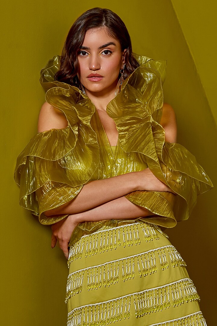 Acid Yellow Organza Pencil Skirt Set by CP by Chandini and Priyanka at Pernia's Pop Up Shop