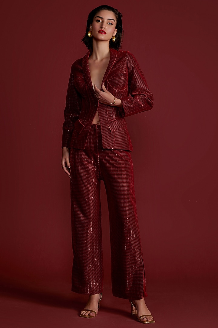 Red Textured Fabric Pant Set by CP by Chandini and Priyanka at Pernia's Pop Up Shop