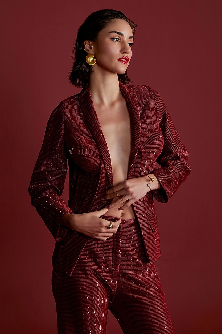 Red Textured Fabric Pant Set by CP by Chandini and Priyanka at Pernia's Pop Up Shop