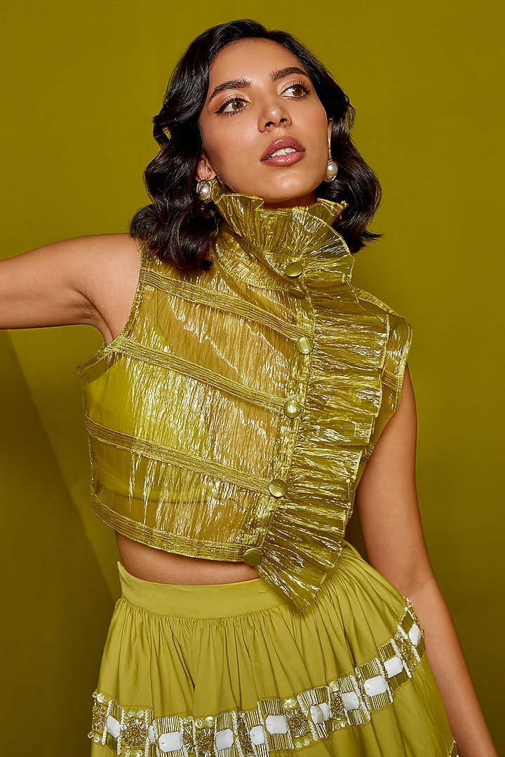 Acid Yellow Organza Embellished Skirt Set by CP by Chandini and Priyanka at Pernia's Pop Up Shop