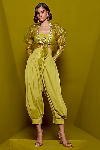 Acid Yellow Organza & Cotton Harem Pant Set by CP by Chandini and Priyanka