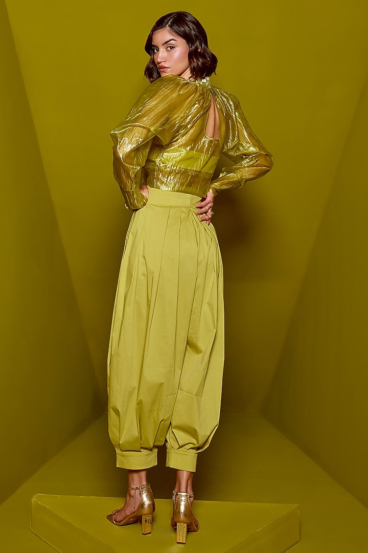 Acid Yellow Organza & Cotton Harem Pant Set by CP by Chandini and Priyanka at Pernia's Pop Up Shop