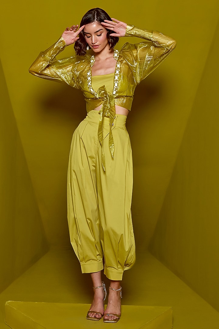 Acid Yellow Organza & Cotton Harem Pant Set by CP by Chandini and Priyanka at Pernia's Pop Up Shop