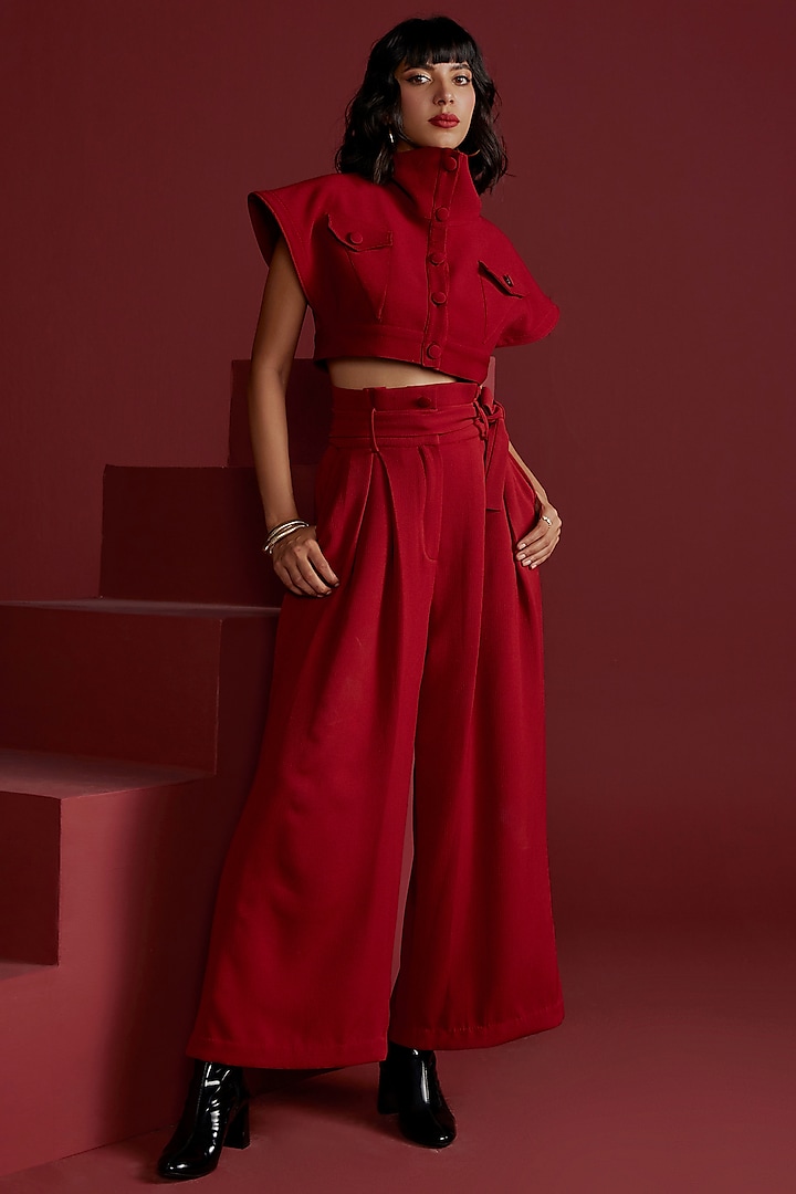 Red Textured Crepe Flared Pant Set by CP by Chandini and Priyanka