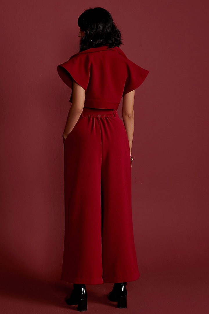 Red Textured Crepe Flared Pant Set by CP by Chandini and Priyanka at Pernia's Pop Up Shop
