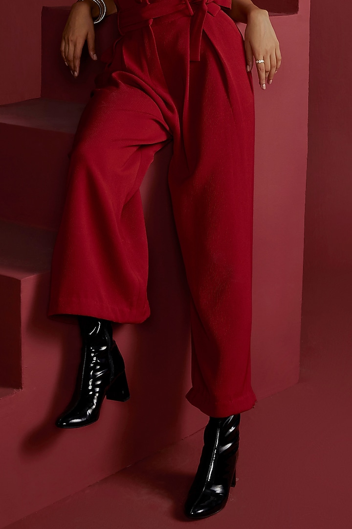 Red Textured Crepe Flared Pant Set by CP by Chandini and Priyanka at Pernia's Pop Up Shop