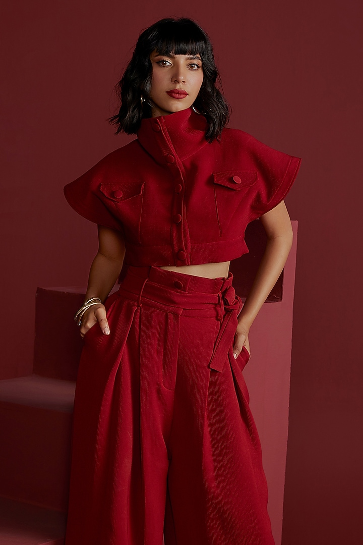 Red Textured Crepe Flared Pant Set by CP by Chandini and Priyanka at Pernia's Pop Up Shop
