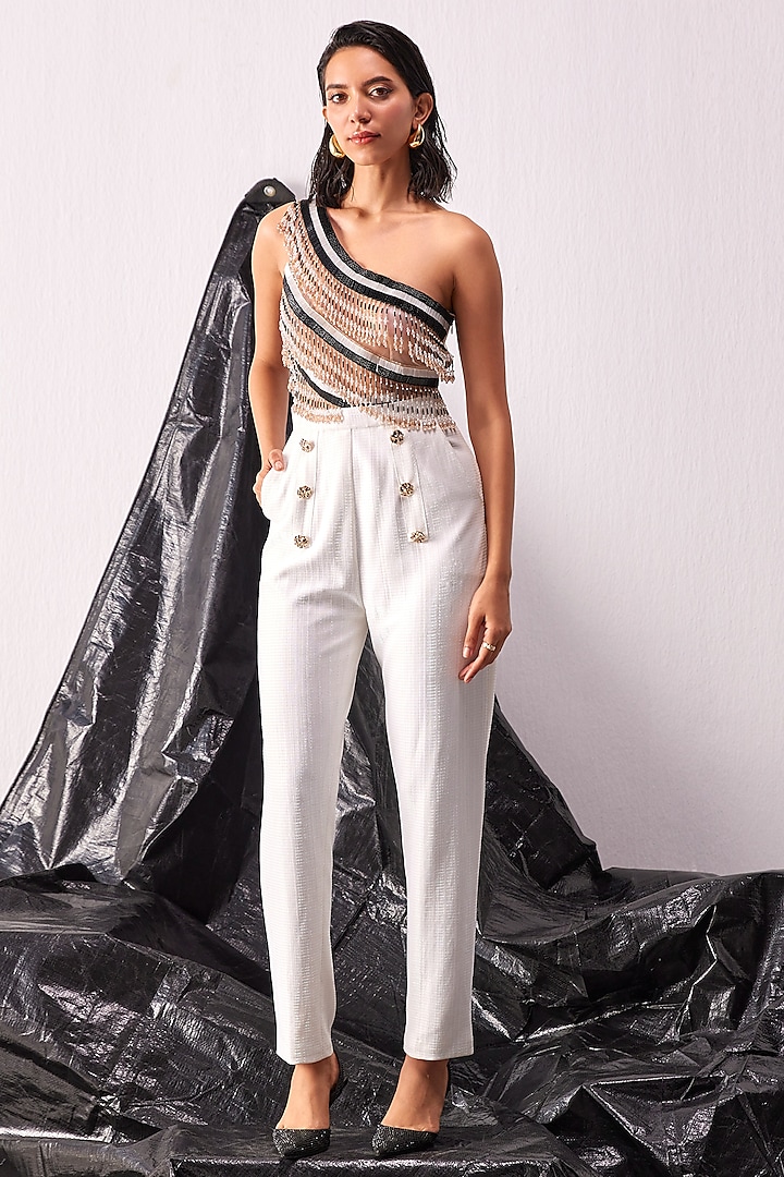 White Textured Fabric Tassel Embroidered Jumpsuit by CP by Chandini and Priyanka