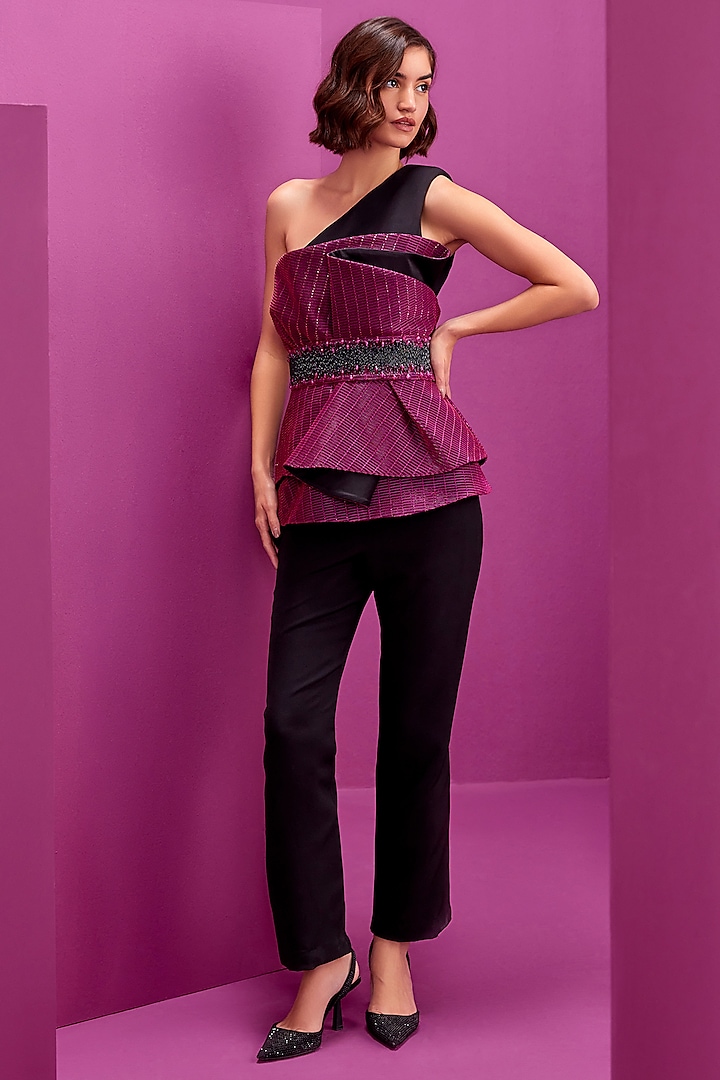 Hot Pink & Black Textured Fabric Jumpsuit by CP by Chandini and Priyanka at Pernia's Pop Up Shop