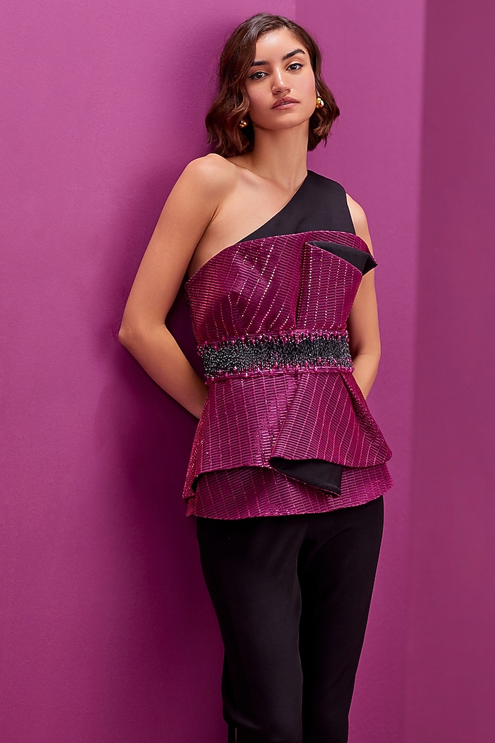 Hot Pink & Black Textured Fabric Jumpsuit by CP by Chandini and Priyanka at Pernia's Pop Up Shop