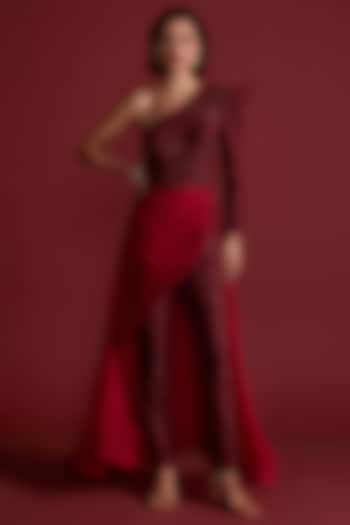 Red Textured Fabric Embroidered Jumpsuit by CP by Chandini and Priyanka