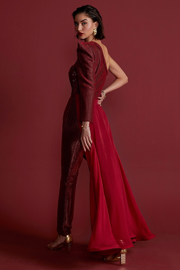 Red Textured Fabric Embroidered Jumpsuit by CP by Chandini and Priyanka at Pernia's Pop Up Shop