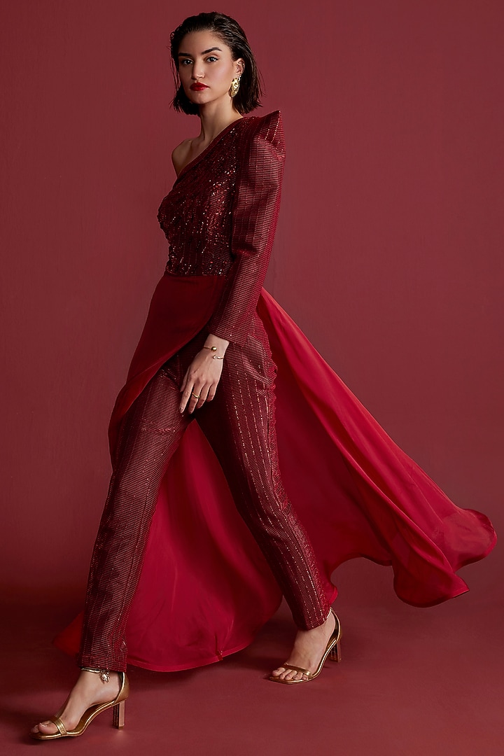 Red Textured Fabric Embroidered Jumpsuit by CP by Chandini and Priyanka at Pernia's Pop Up Shop