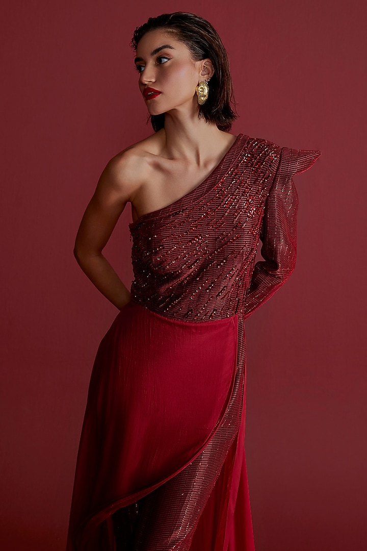 Red Textured Fabric Embroidered Jumpsuit by CP by Chandini and Priyanka at Pernia's Pop Up Shop