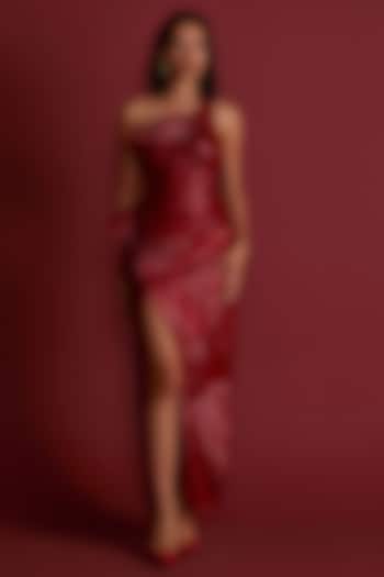 Red Organza One-Shoulder Draped Gown by CP by Chandini and Priyanka