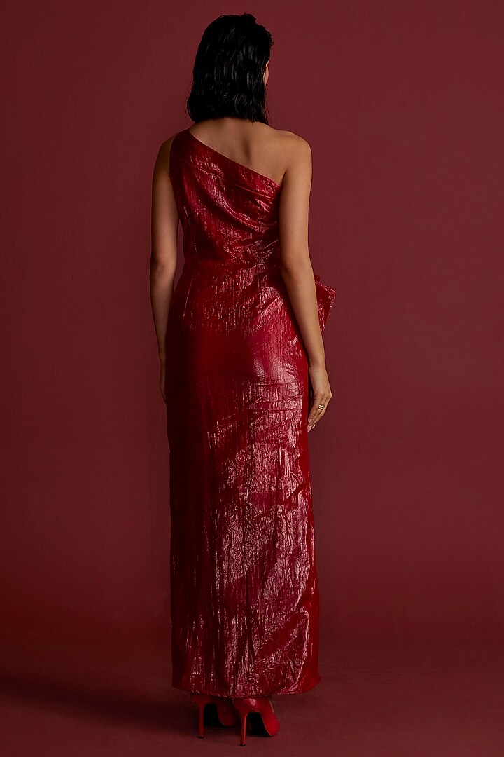 Red Organza One-Shoulder Draped Engagement Gown by CP by Chandini and Priyanka at Pernia's Pop Up Shop