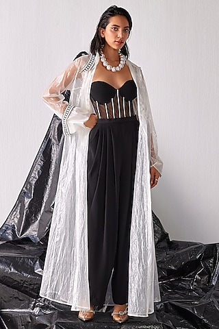 Black Textured Crepe Fabric Corset Jumpsuit With Jacket by CP by Chandini and Priyanka