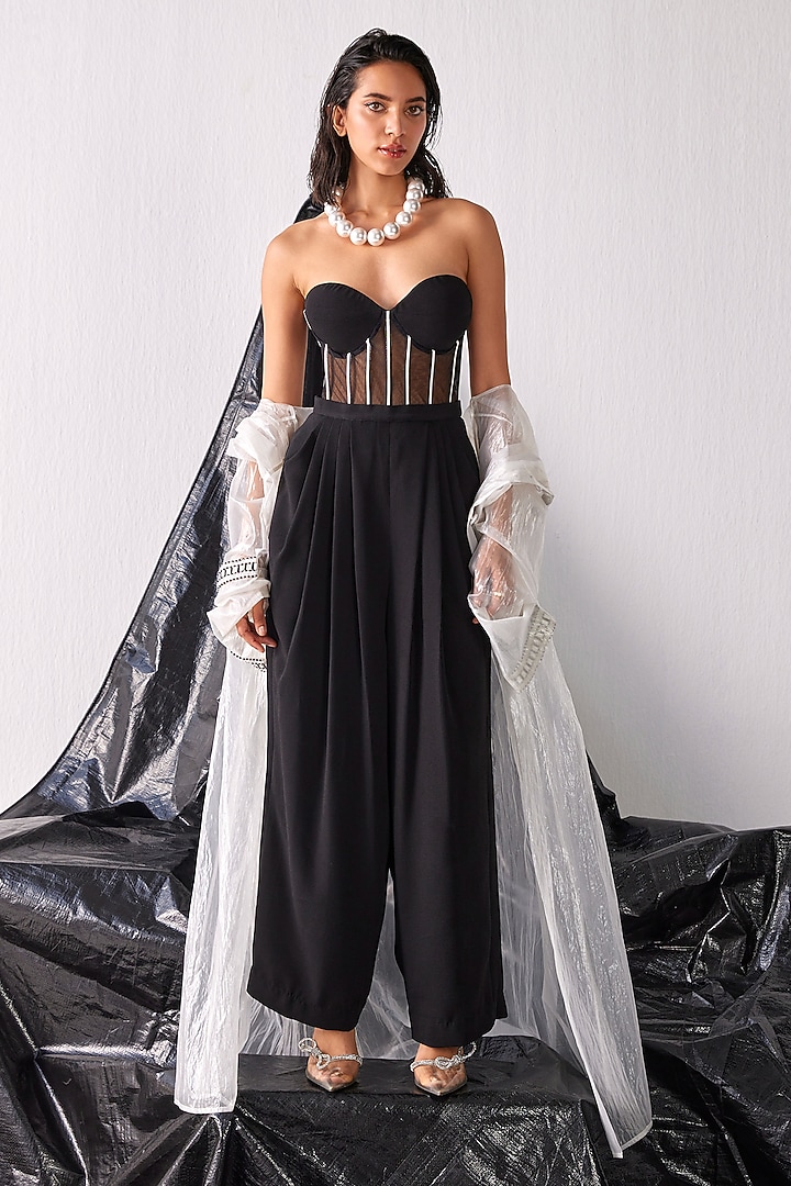 Black Textured Crepe Fabric Corset Jumpsuit With Jacket by CP by Chandini and Priyanka at Pernia's Pop Up Shop
