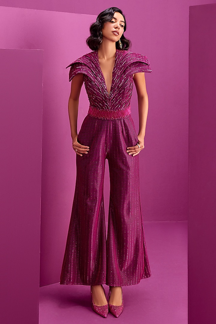 Hot Pink Textured Fabric Embroidered Jumpsuit by CP by Chandini and Priyanka