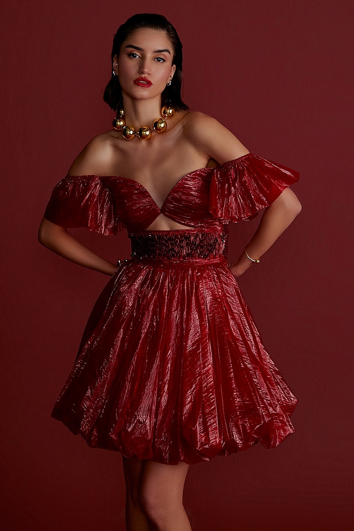 Red Organza Embroidered Cocktail Dress by CP by Chandini and Priyanka at Pernia's Pop Up Shop
