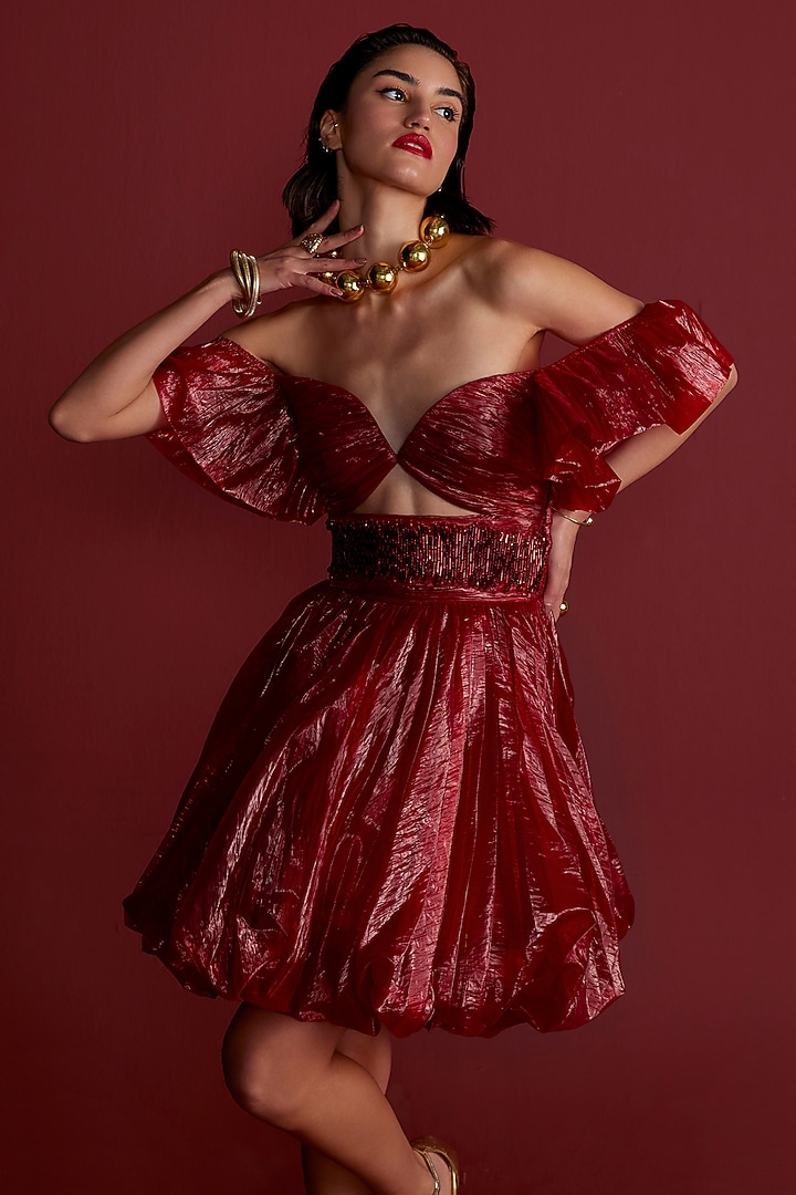 Red Organza Embroidered Cocktail Dress by CP by Chandini and Priyanka at Pernia's Pop Up Shop