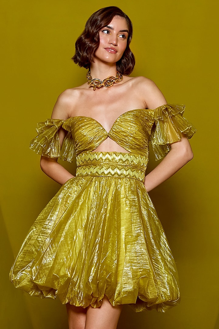 Acid Yellow Organza Embroidered Dress by CP by Chandini and Priyanka