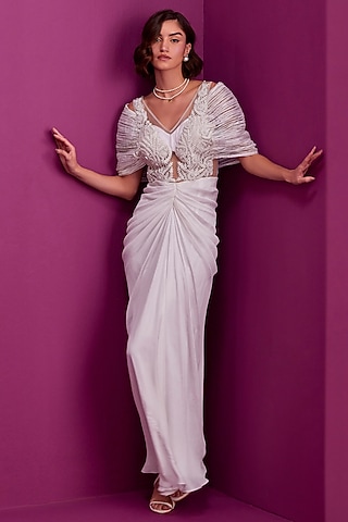 White Textured Satin Hand Embroidered Gown Saree by CP by Chandini and Priyanka