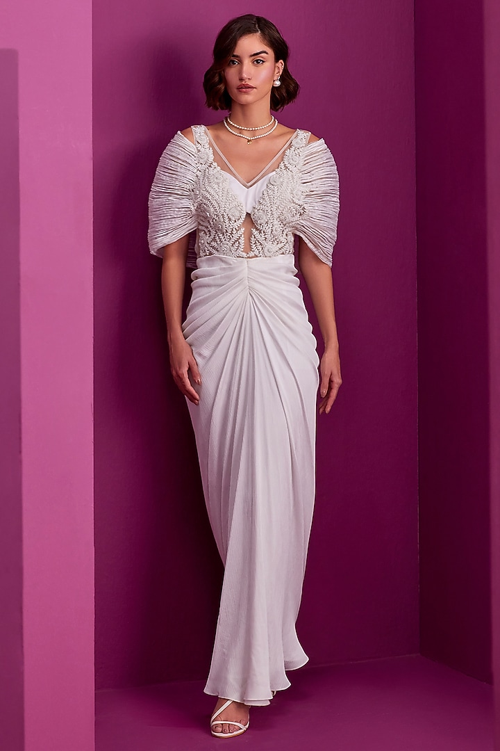 White Textured Satin Hand Embroidered Wedding Gown Saree by CP by Chandini and Priyanka at Pernia's Pop Up Shop