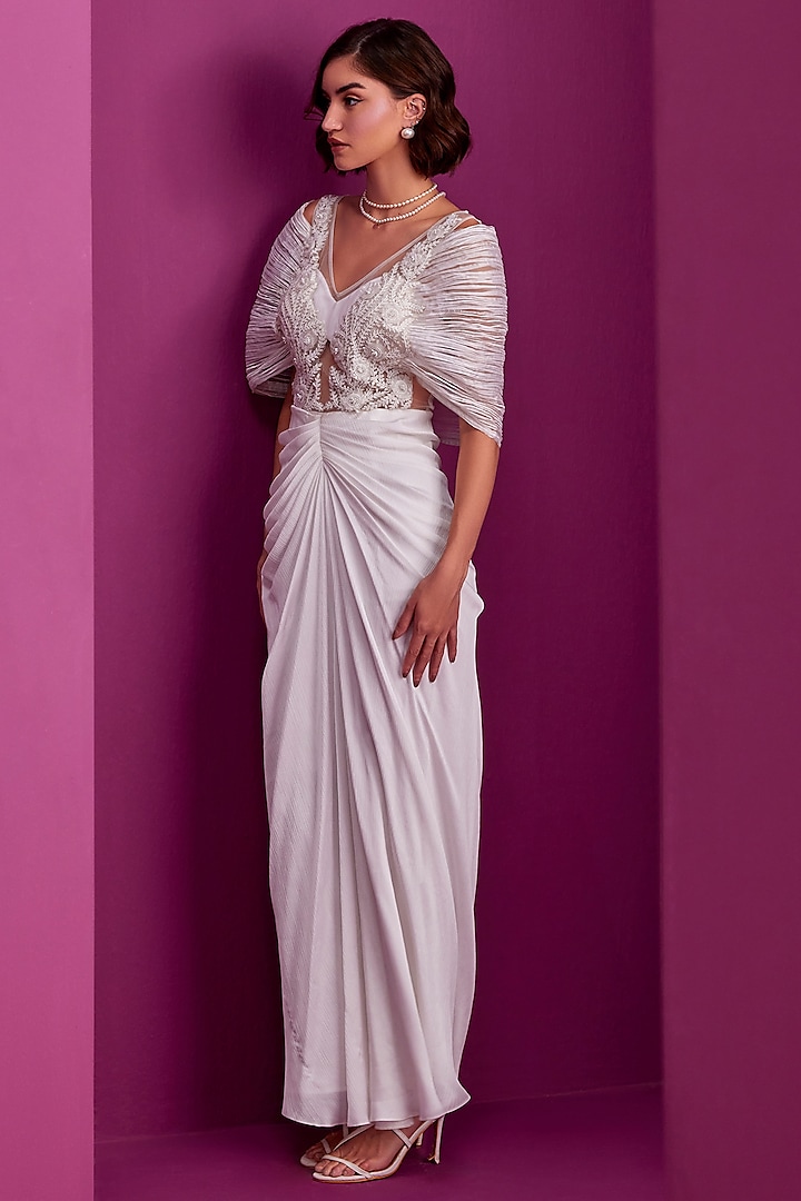White Textured Satin Hand Embroidered Wedding Gown Saree by CP by Chandini and Priyanka at Pernia's Pop Up Shop