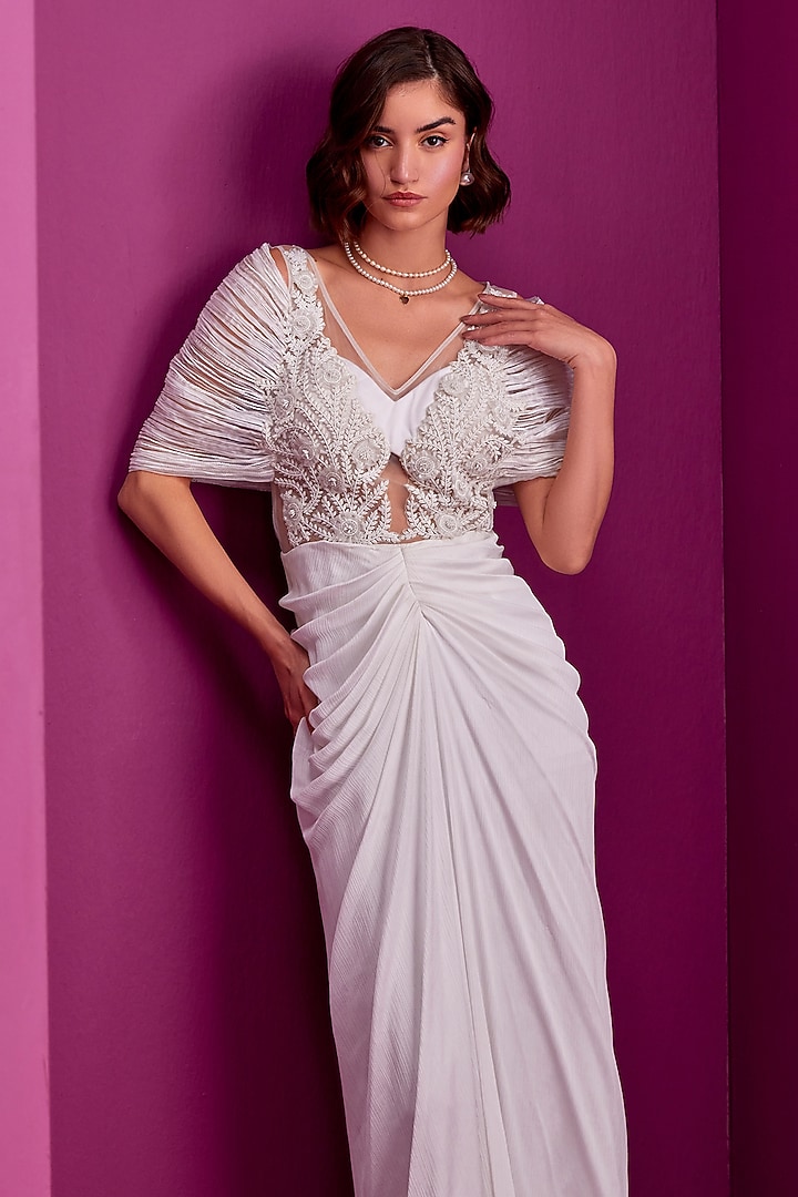 White Textured Satin Hand Embroidered Wedding Gown Saree by CP by Chandini and Priyanka at Pernia's Pop Up Shop