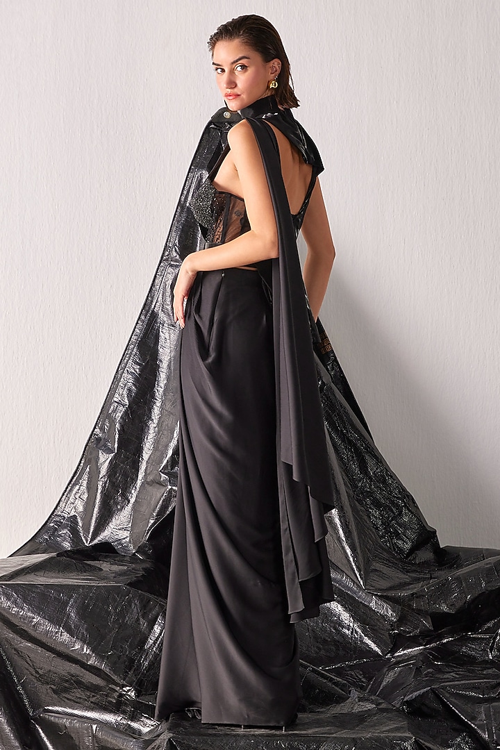 Black Polyester & PU Draped Jacket Wedding Saree Set by CP by Chandini and Priyanka at Pernia's Pop Up Shop