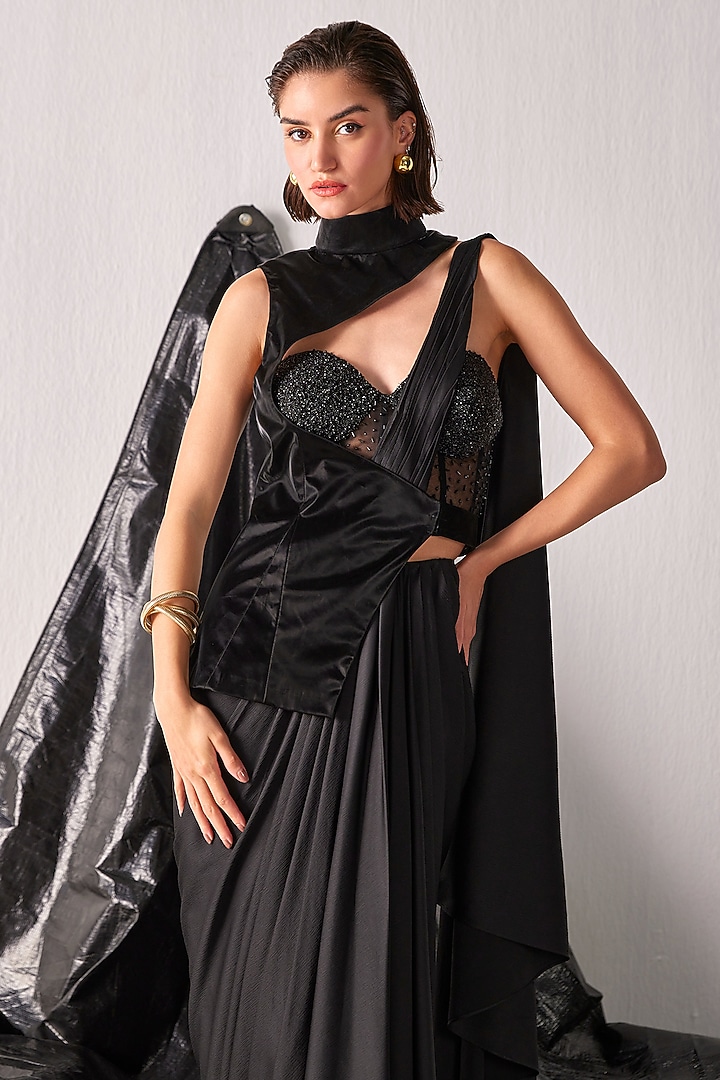 Black Polyester & PU Draped Jacket Wedding Saree Set by CP by Chandini and Priyanka at Pernia's Pop Up Shop