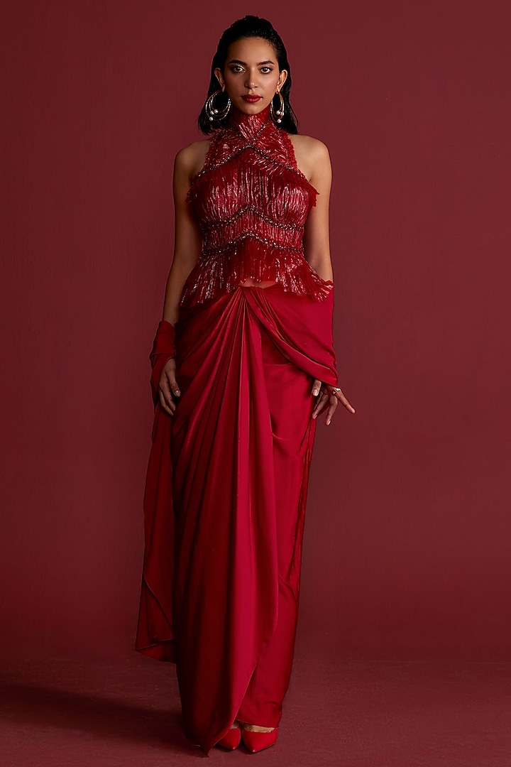 Red Satin Draped Wedding Saree Set by CP by Chandini and Priyanka at Pernia's Pop Up Shop