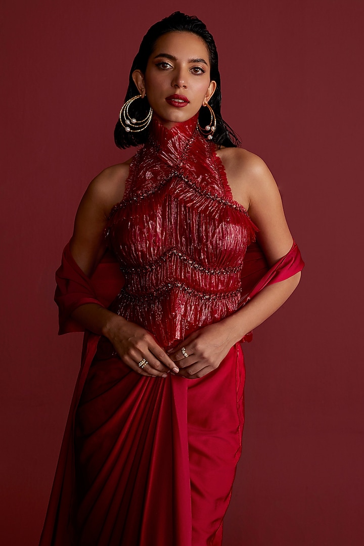 Red Satin Draped Wedding Saree Set by CP by Chandini and Priyanka at Pernia's Pop Up Shop