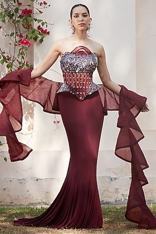 Wine Imported Lycra Sequins Embellished Fish-Cut Skirt Set by CP by Chandini and Priyanka