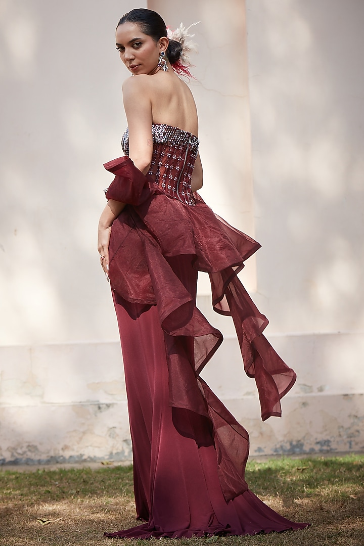 Wine Imported Lycra Sequins Embellished Fish-Cut Skirt Set by CP by Chandini and Priyanka at Pernia's Pop Up Shop