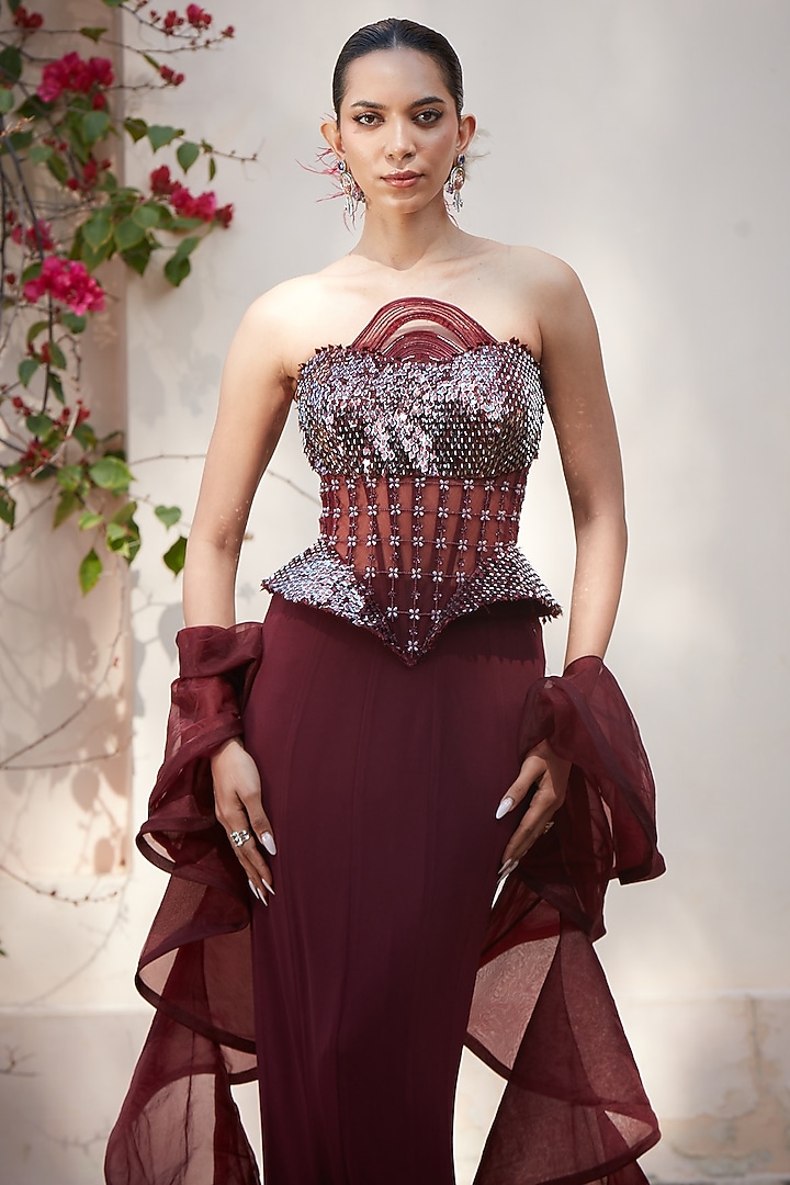 Wine Imported Lycra Sequins Embellished Fish-Cut Skirt Set by CP by Chandini and Priyanka at Pernia's Pop Up Shop
