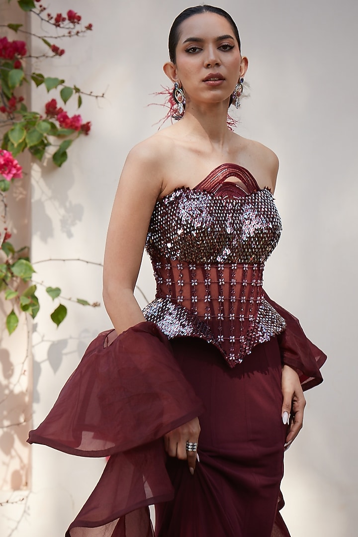 Wine Imported Lycra Sequins Embellished Fish-Cut Skirt Set by CP by Chandini and Priyanka at Pernia's Pop Up Shop