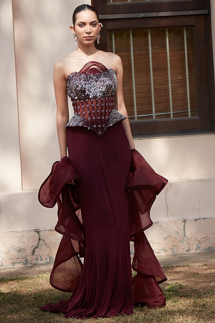 Wine Imported Lycra Sequins Embellished Fish-Cut Skirt Set by CP by Chandini and Priyanka at Pernia's Pop Up Shop