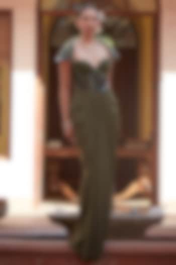 Olive Green Imported Lycra Sequins Embellished Corseted Wedding Gown Saree by CP by Chandini and Priyanka at Pernia's Pop Up Shop