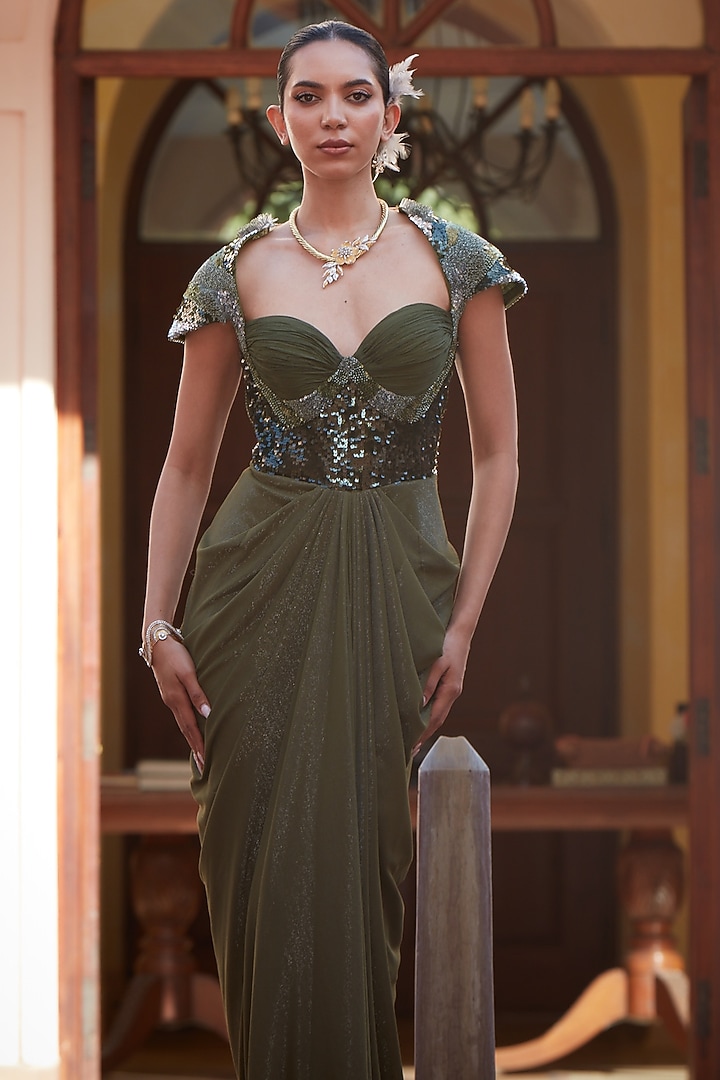 Olive Green Imported Lycra Sequins Embellished Corseted Wedding Gown Saree by CP by Chandini and Priyanka at Pernia's Pop Up Shop