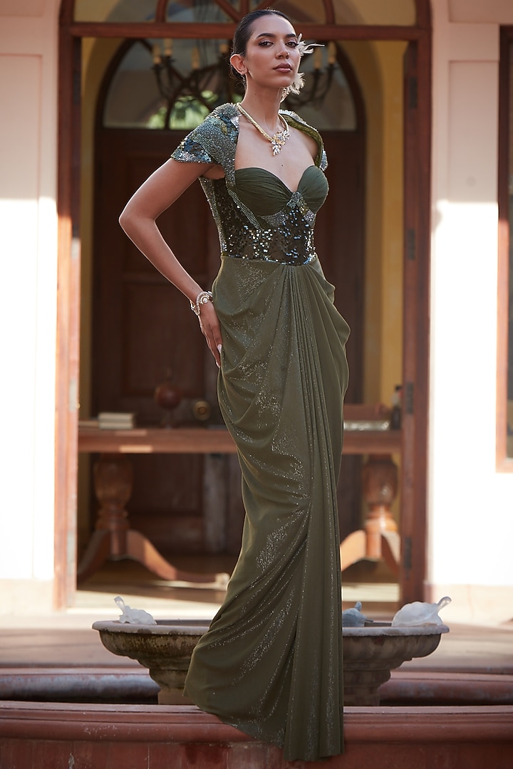 Olive Green Imported Lycra Sequins Embellished Corseted Wedding Gown Saree by CP by Chandini and Priyanka at Pernia's Pop Up Shop