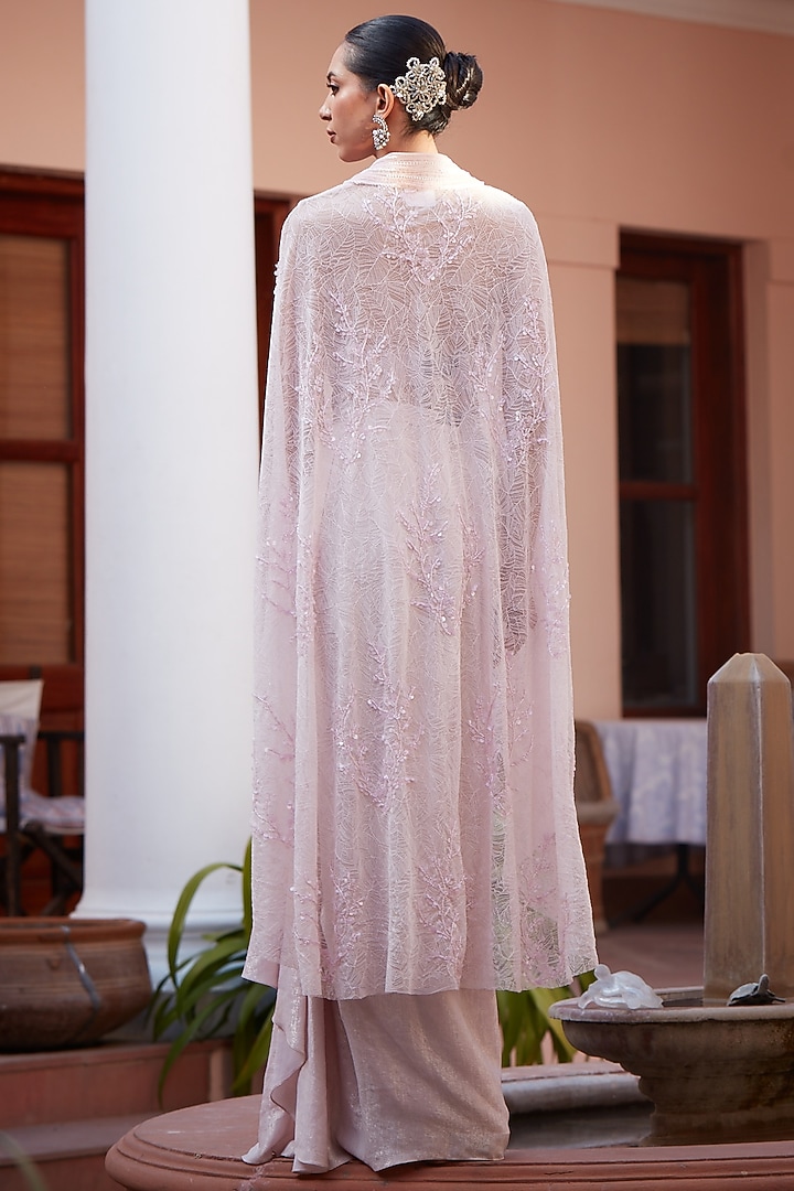 Blush Pink Imported Chantilly Pre-Draped Skirt Set by CP by Chandini and Priyanka at Pernia's Pop Up Shop
