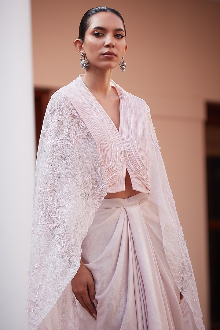 Blush Pink Imported Chantilly Pre-Draped Skirt Set by CP by Chandini and Priyanka at Pernia's Pop Up Shop