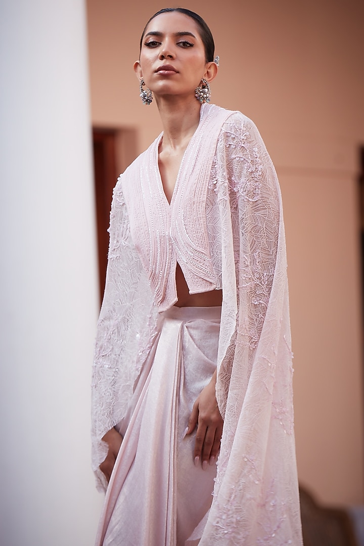 Blush Pink Imported Chantilly Pre-Draped Skirt Set by CP by Chandini and Priyanka at Pernia's Pop Up Shop